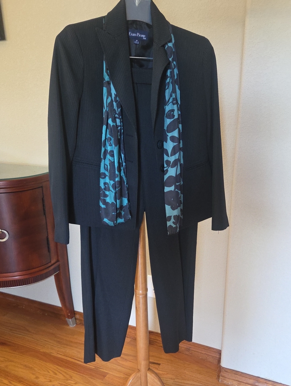 Evan Picone Black Pinstripe Suit with Green Floral Scarf, Size 4P